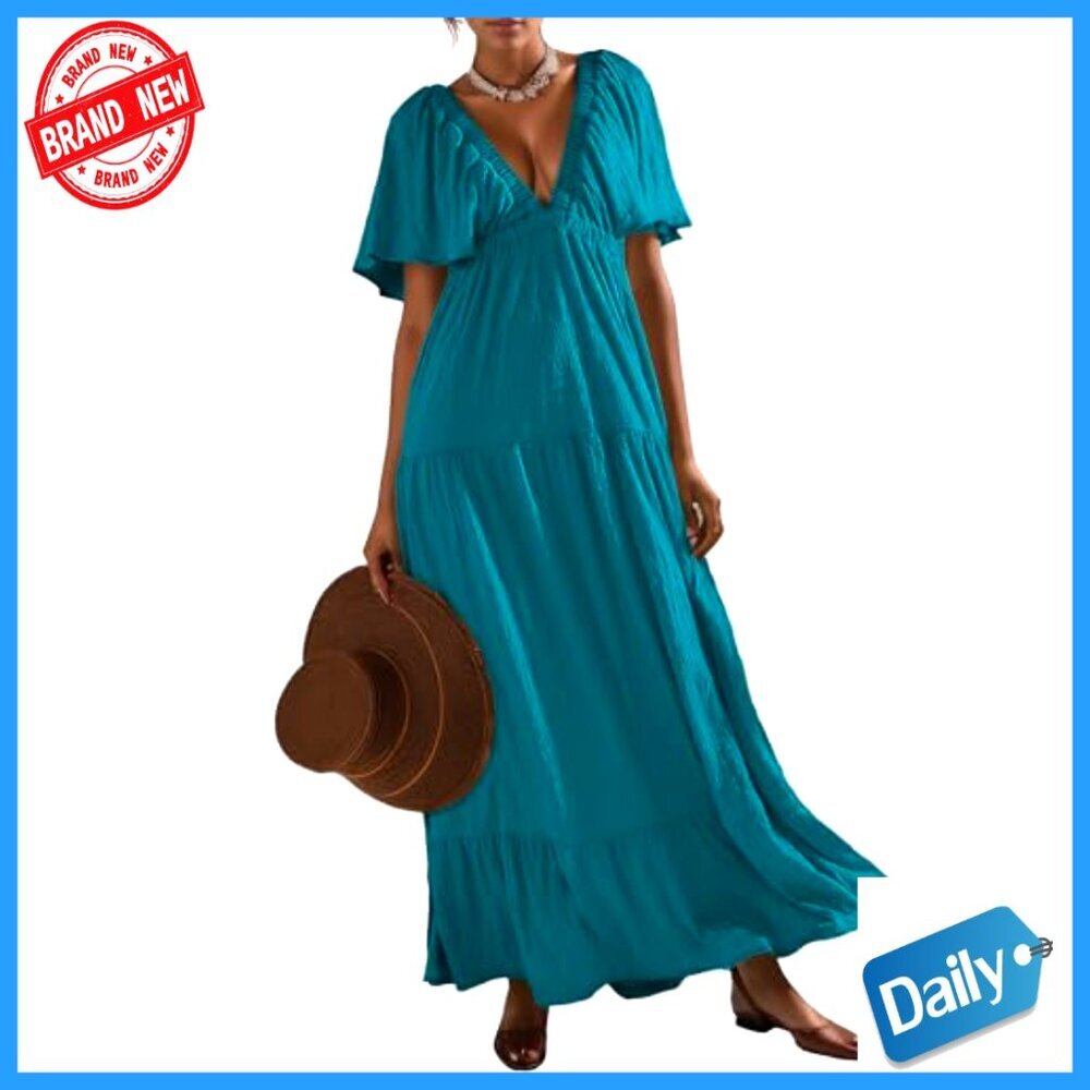 V-Neck Maxi Dress with Flutter Sleeves Backless Elastic Waist Tiered Flowy - Picture 4 of 7